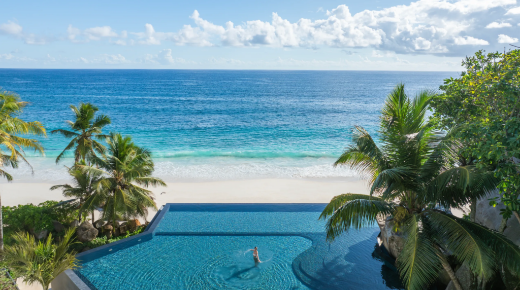 View of the ocean from the pool at Cheval Blanc Seychelles 